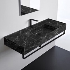 Wall Mounted Black Marble Design Ceramic Sink With Black Marble Design Towel Bar